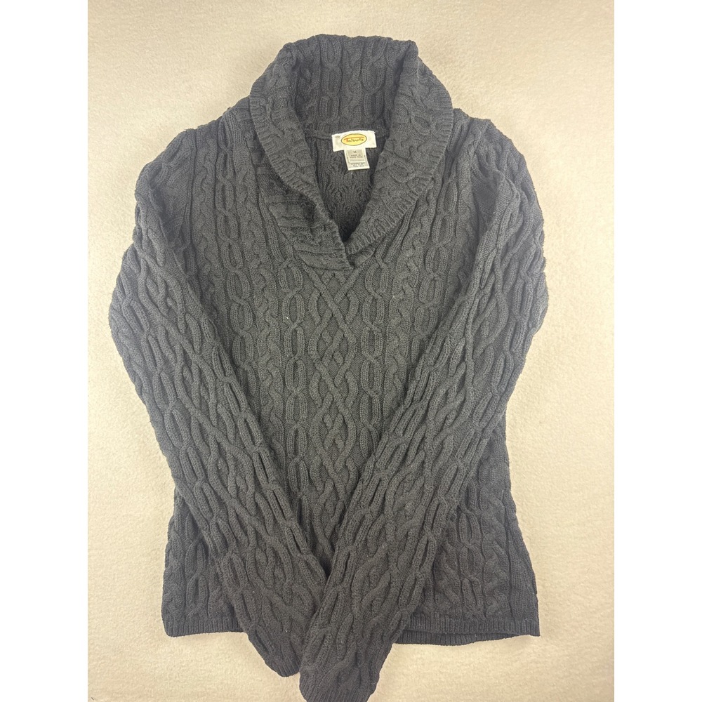 Talbots Womens M Gray Cable Knit Shawl Collar Cotton Blend Pullover Sweater
